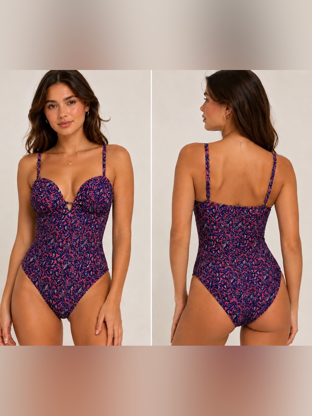 Lark & Ro One Piece Swimsuit WMN Medium Pink Blue Paisley Underwire Gold Accent